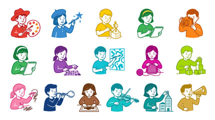 Obraz premium Diverse Children Engaged in Creative Arts Crafts, Building, Music, Photography, and Drawing - Flat Style