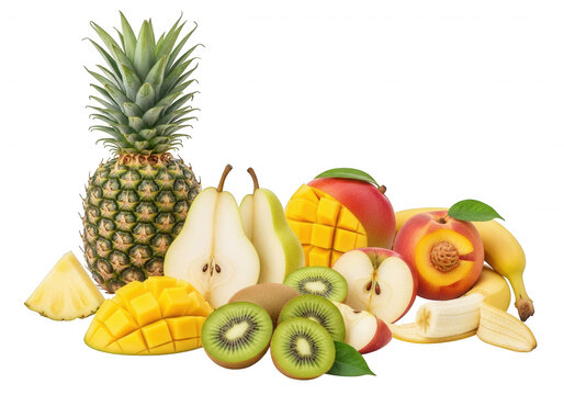 Assorted fresh tropical fruits including pineapple and mango slices isolated on a transparent background