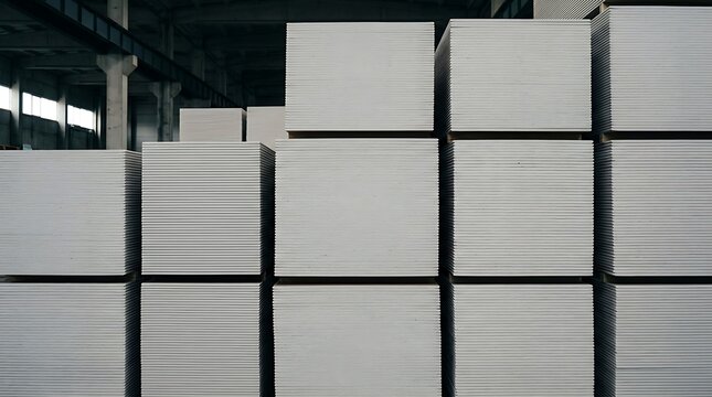 Stacks of Gypsum Boards in a Large Industrial Warehouse