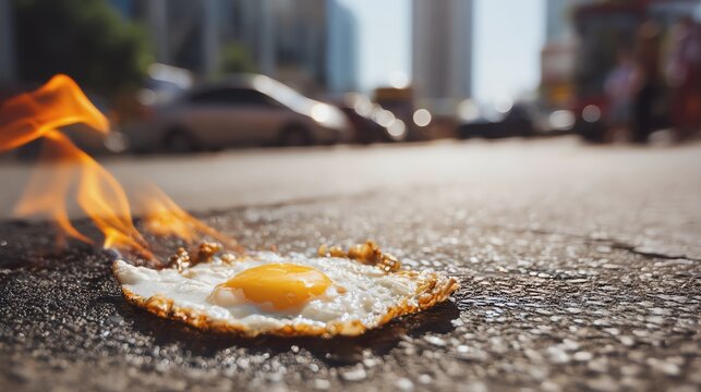 Fried egg on pavement caught in sunlight.