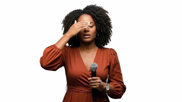 A young woman covering her face while holding a microphone on white background