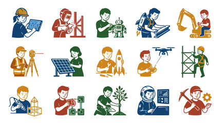 Fototapeta premium STEM Education Icons: Kids in Engineering, Science, Technology, and Arts