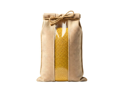 A burlap sack filled with raw yellow foxtail millet kernels standing upright for agricultural food supply on transparent background