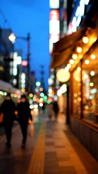 Blurry City Street at Night with Neon Lights and Pedestrians.
