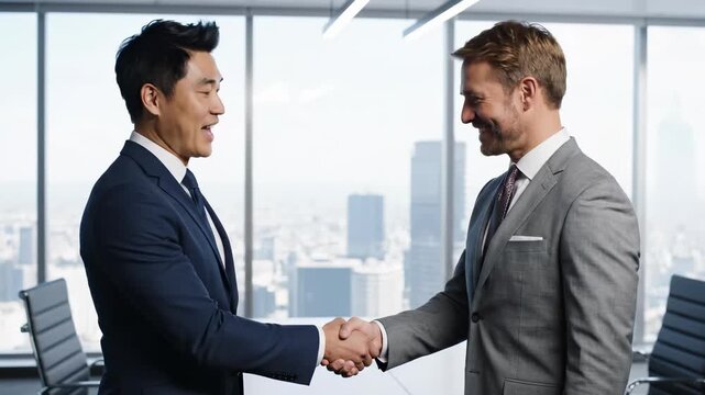 Two businessmen shaking hands in a modern office with city view.