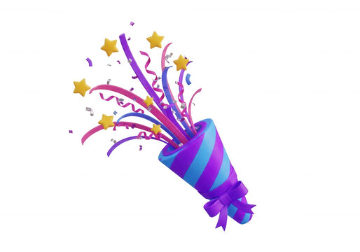 Colorful party popper with confetti and stars isolated on transparent background for celebration designs