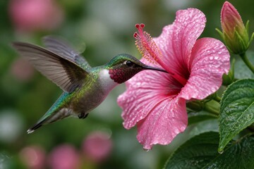 Fototapeta premium Hummingbird hovers near vibrant pink flower. Feathers shimmer with iridescent green hues. Dewdrops glisten on soft, blooming petals. Feeder's red stamen beckons tiny visitor. Nature's quiet moment