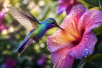 Fototapeta premium Vibrant hummingbird hovers near dewy, pink hibiscus bloom. Feathers shimmer in iridescent blues and greens. Sunlight glints off water droplets on petals. Bird's wings beat rapidly in midair motion