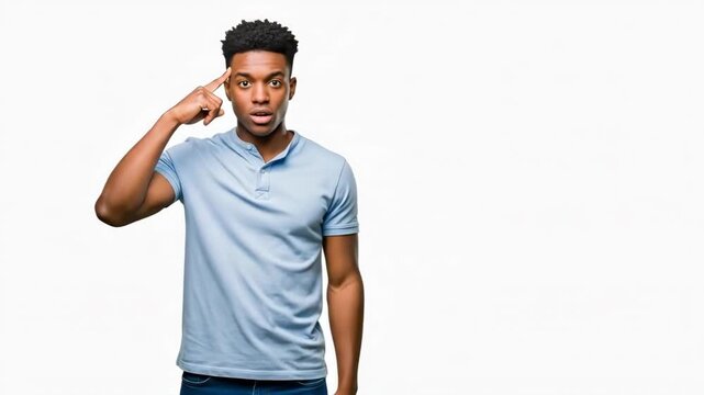 Young african american man pointing at his head and showing an empty palm