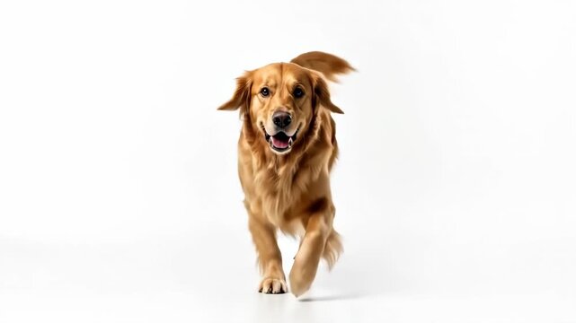 A beautiful golden retriever walking forward against a clean white background
