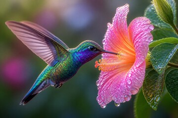 Fototapeta premium Vibrant hummingbird hovers near pink hibiscus. Tiny wings blur as it sips nectar. Glistening dewdrops dot the flower's petals. Soft, blurred background enhances focus. Ideal for nature, wildlife