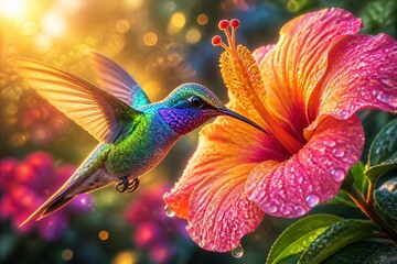 Fototapeta premium Raindrops gleam on petals, soft pink and orange. Hummingbird hovers, wings blurred by motion. Sunlight bursts behind, casting warm, golden rays. Feathers shimmer with iridescent greens and blues