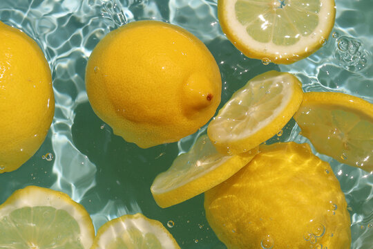 Fresh whole lemon with slices floating in clear rippling water with a blue background.