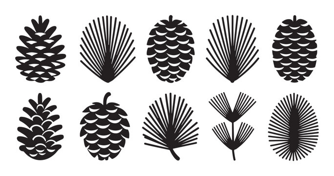 Set of black pine cones and needles. christmas decoration. vector illustration on transparent background.