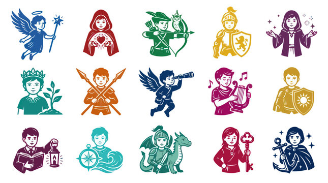 Kids Fantasy RPG Character Classes Icon Set. Linocut Vector Emblems.