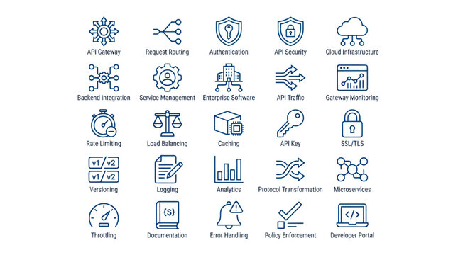 API gateway and cloud infrastructure management icon set.