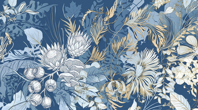 Botanical of protea flowers, eucalyptus leaves, and tropical foliage in shades of blue, white, and gold line