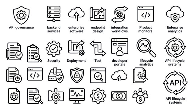 API development and software lifecycle line icon collection