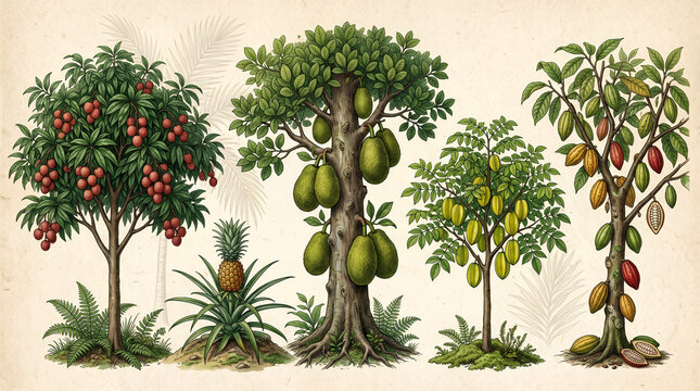 Botanical of tropical fruit trees, lychee, jackfruit, starfruit, and cacao trees with fruits on a light beige background