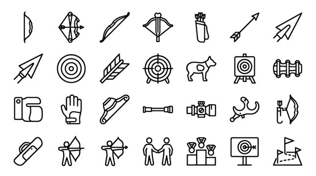 Archery sports competition and target practice icon set.