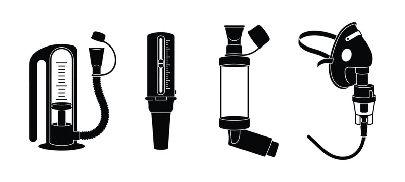 Medical respiratory devices icons featuring inhaler spacer nebulizer and peak flow meter.