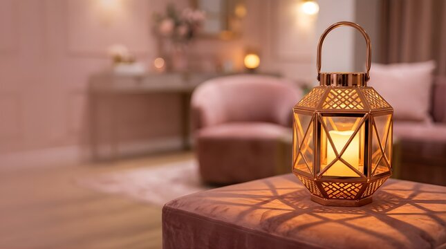 Decorative rose gold lantern with glowing candle in cozy living room