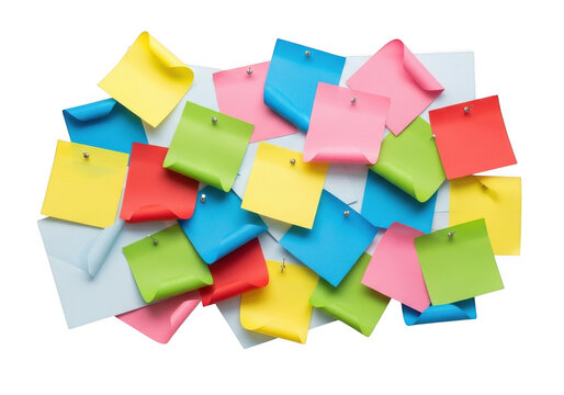 Colorful collection of sticky notes pinned to a wall isolated on a high quality transparent background