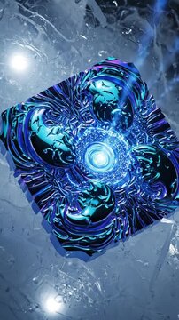 Mysterious Blue Crystal Cube Emitting Light Beams on Ice.