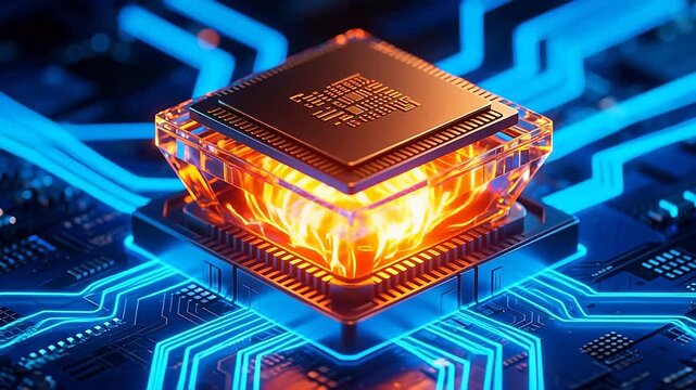 Glowing processor on blue circuit board