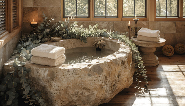 A serene stone bathtub surrounded by lush greenery and soft towels in a peaceful bathroom setting
