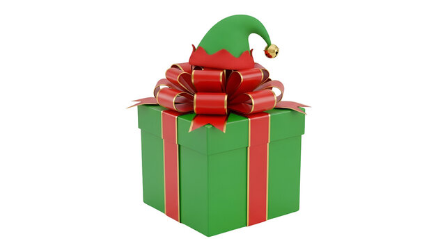 Green christmas gift box with a red bow and a festive elf hat resting on top on transparent background