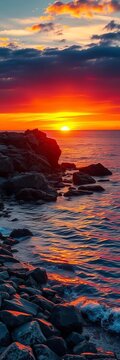 Sunset hues casting warm glow on rocky shoreline, warm, glow
