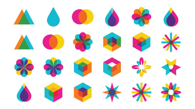 Vibrant geometric vector icons featuring overlapping colorful shapes and minimalist abstract designs for modern creative branding