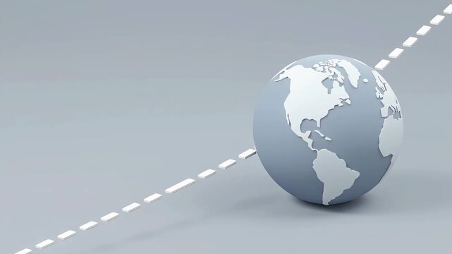 White airplane flying along a dashed path past a globe