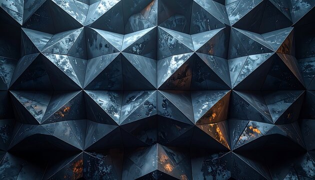 Dark geometric triangular metallic pattern background.