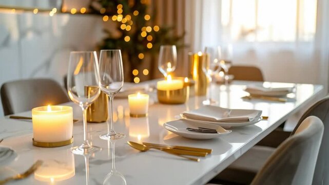 Elegant dining table set for a festive celebration with warm candlelight