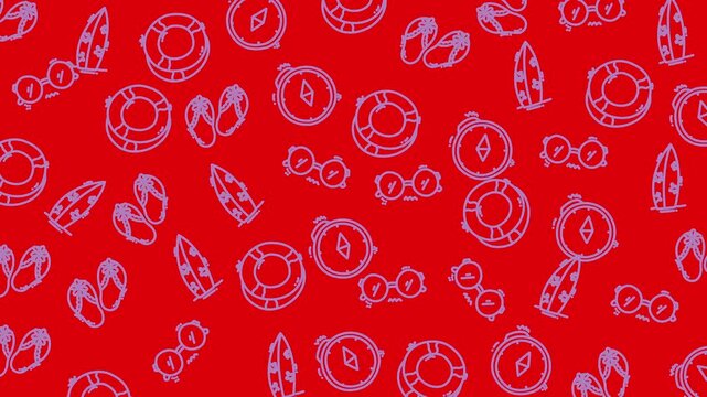 Seamless Pattern Summer Beach Holiday Icons Red Background Blue Outline