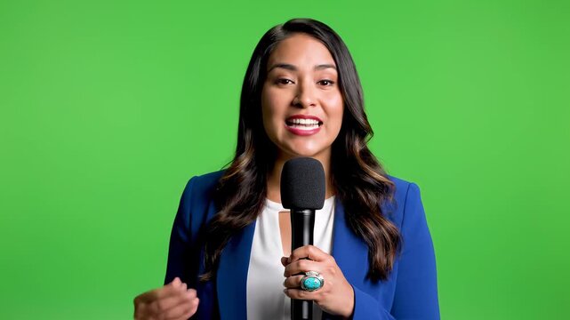 Native American Woman Reporter Speaking into Microphone on Green Screen.