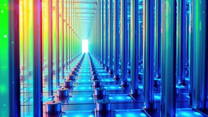 Fototapeta premium Infinite corridor, glowing pillars, vibrant colors, futuristic design. Light source draws viewer inward, creating depth.