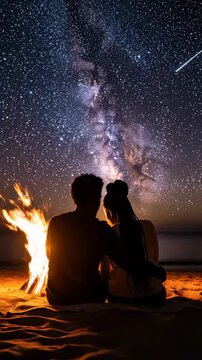 Couple watching Milky Way and campfire on beach.