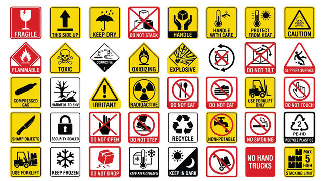 Industrial safety signs and shipping labels set, 40 warning icons for logistics and packaging, hazard caution symbols for warehouse management