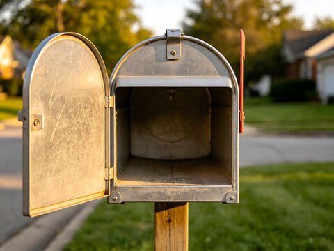 Open empty metal mailbox in a suburban residential neighborhood