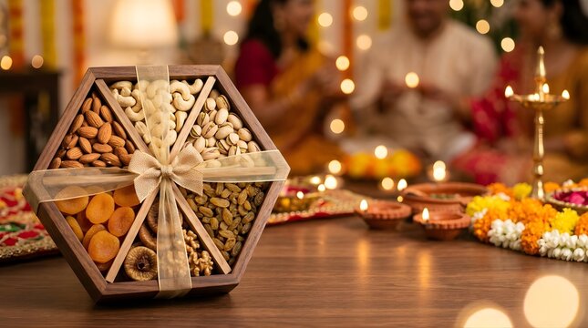 Hexagonal Dry Fruit Gift Box Set for Diwali Celebration with Family