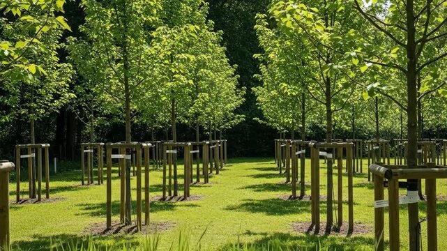 A serene path lined with young trees protected by wooden support structures