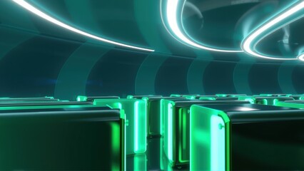 Fototapeta premium Futuristic corridor. Glowing neon lights create perspective. Dark background emphasizes bright illumination, sleek design. Minimalist aesthetic.