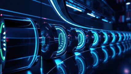 Fototapeta premium Futuristic corridor. Glowing cylindrical lights line walls. Reflective surface creates symmetrical visual effect. Dark background emphasizes bright illumination.