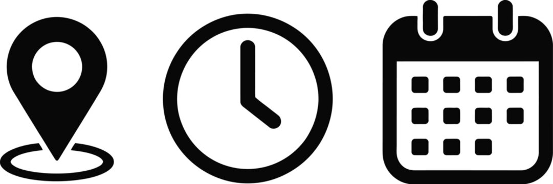 Address, time, and date icons featuring location pin, clock, calendar, and event symbols for modern interface design.
