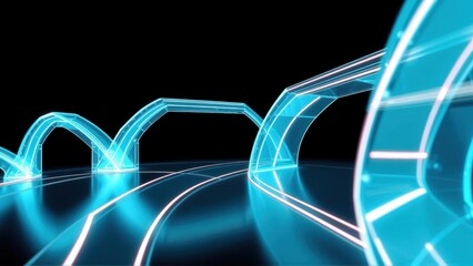 Fototapeta premium Abstract glowing lines form tunnel. Reflections visible on dark surface. Futuristic design, vibrant blue hues dominate composition.