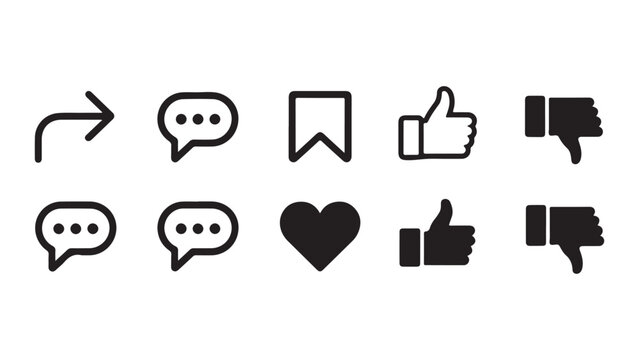 Social Media Icons, modern user engagement icon pack featuring share comment bookmark like dislike heart outline editable vector graphics