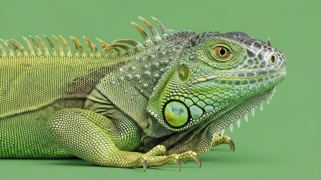 A close up portrait of a green iguana against a solid light green background